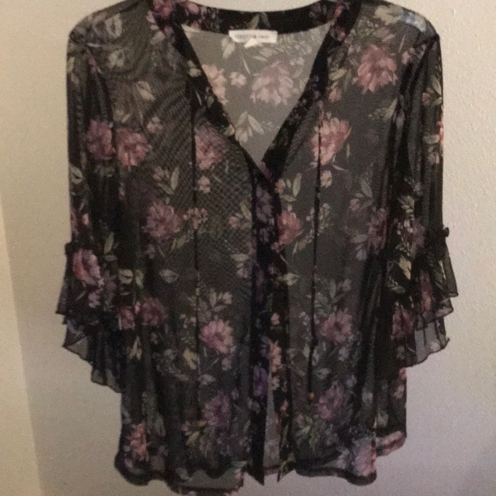 PerSeption Concept Black Ruffled Flutter Sleeve Blouse